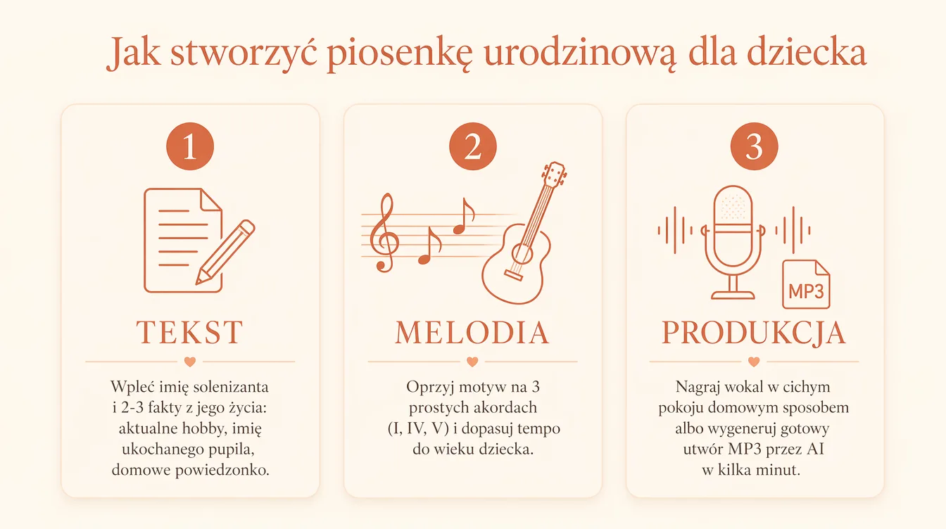 Infografika: trzy etapy tworzenia piosenki urodzinowej dla dziecka — tekst, melodia, produkcja