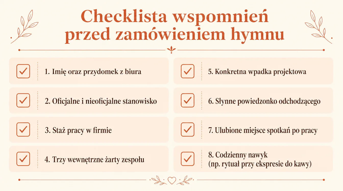 Checklista wspomnień i biurowych detali do zebrania od zespołu przed zamówieniem piosenki pożegnalnej