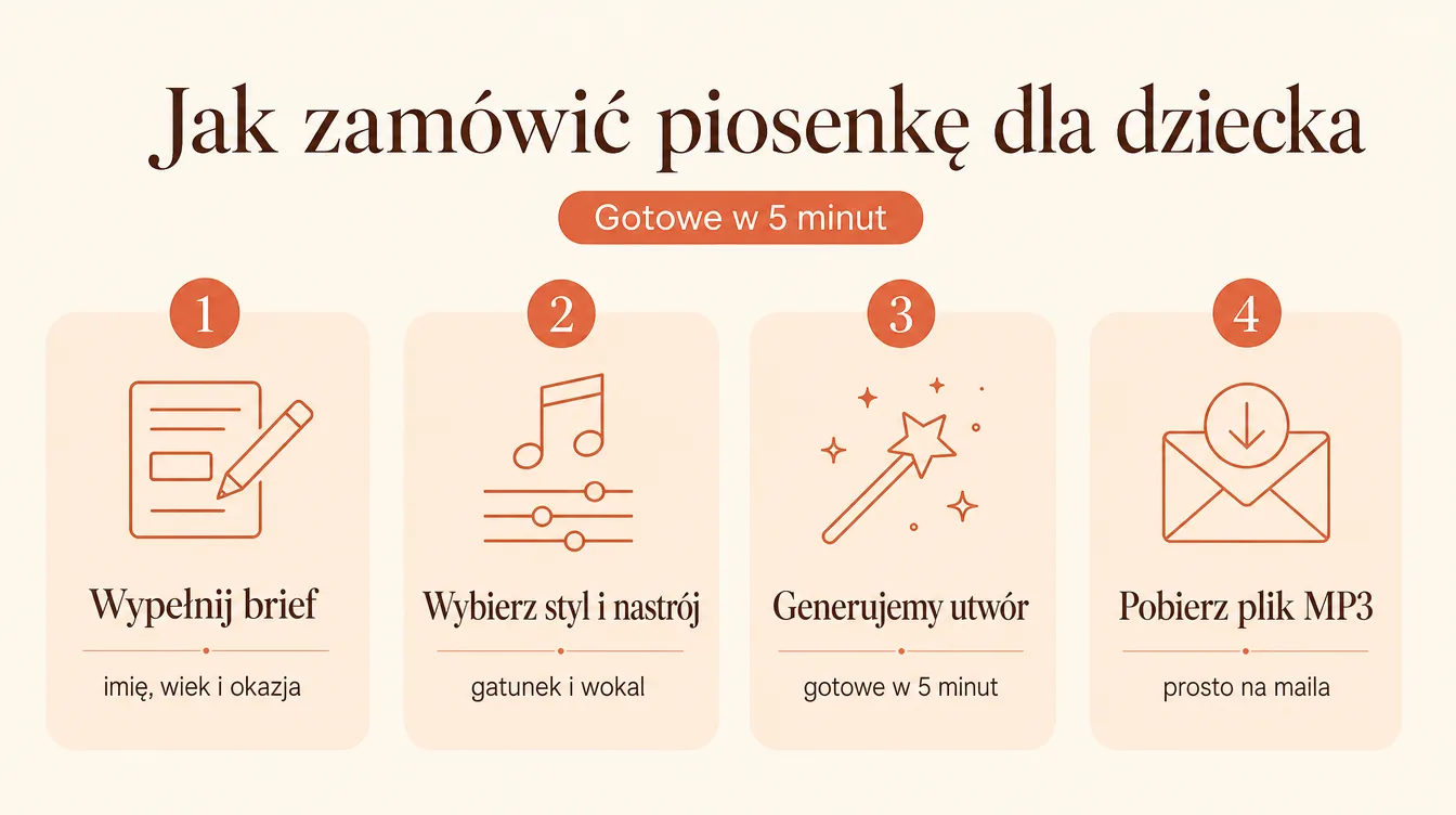 Proces zamawiania piosenki w czterech krokach: wypełnij brief, wybierz styl i nastrój, generujemy utwór, pobierz plik MP3 — gotowe w 5 minut