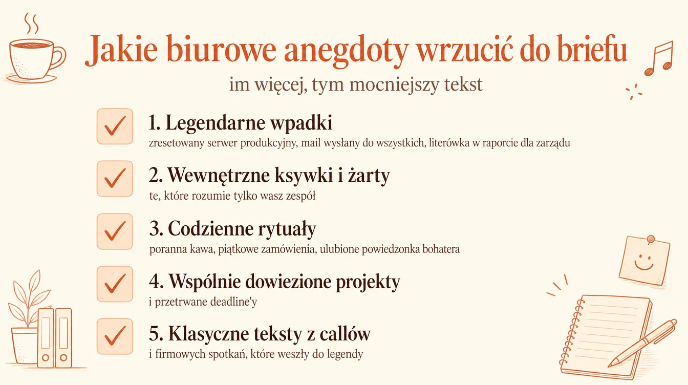 Checklista biurowych anegdot, które warto wrzucić do briefu personalizowanej piosenki na pożegnanie kolegi