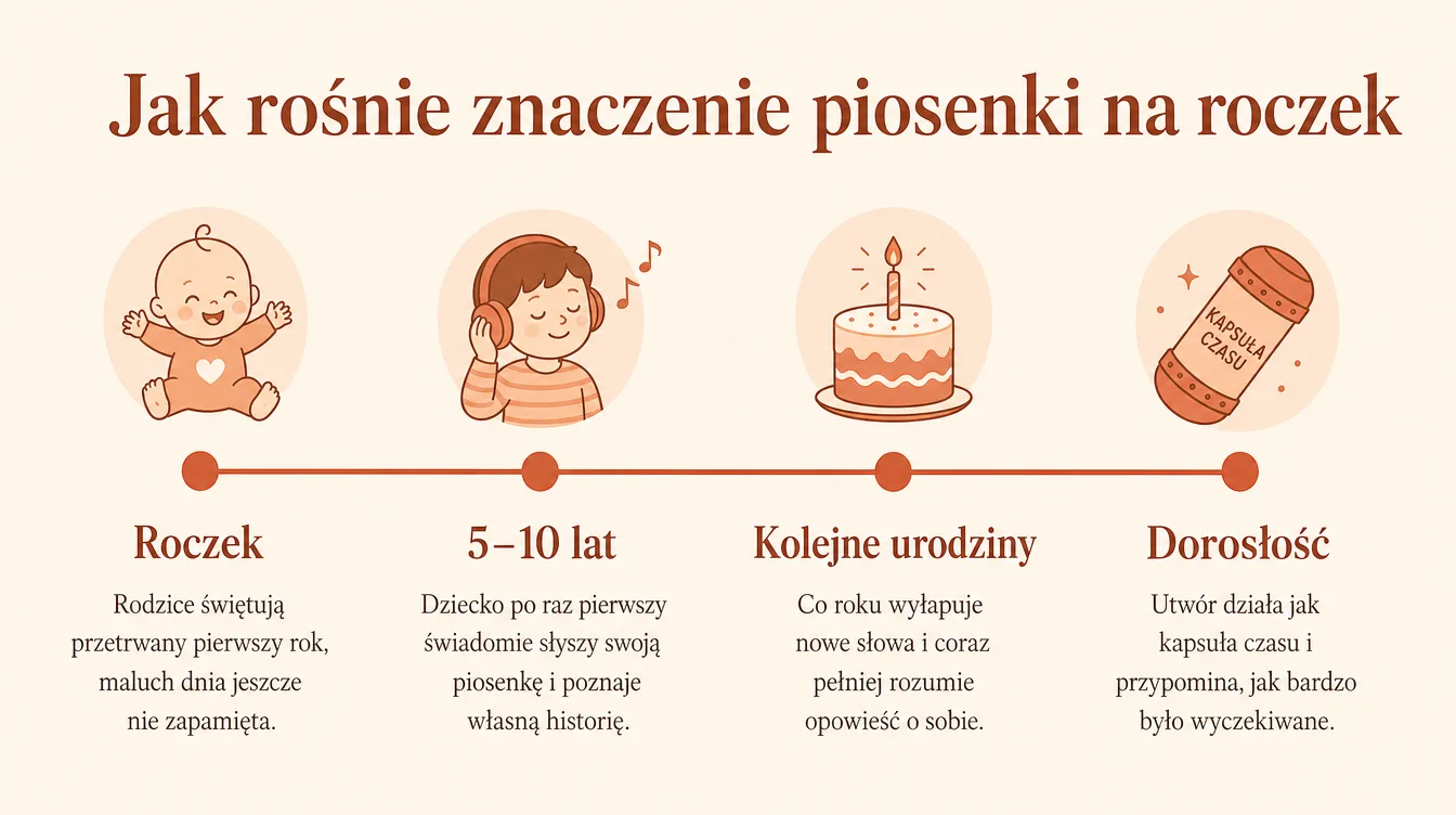 Oś czasu pokazująca, jak znaczenie piosenki na roczek rośnie wraz z dzieckiem: od pierwszych urodzin, przez wiek 5-10 lat i kolejne urodziny, aż po dorosłość.