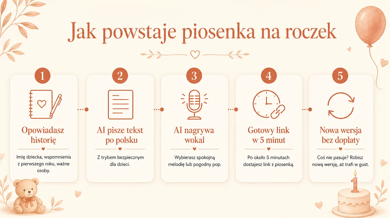 Diagram procesu tworzenia piosenki na roczek w pięciu krokach: od opowiedzenia historii, przez napisanie tekstu i nagranie wokalu przez AI, po gotowy link w 5 minut i darmowe poprawki.