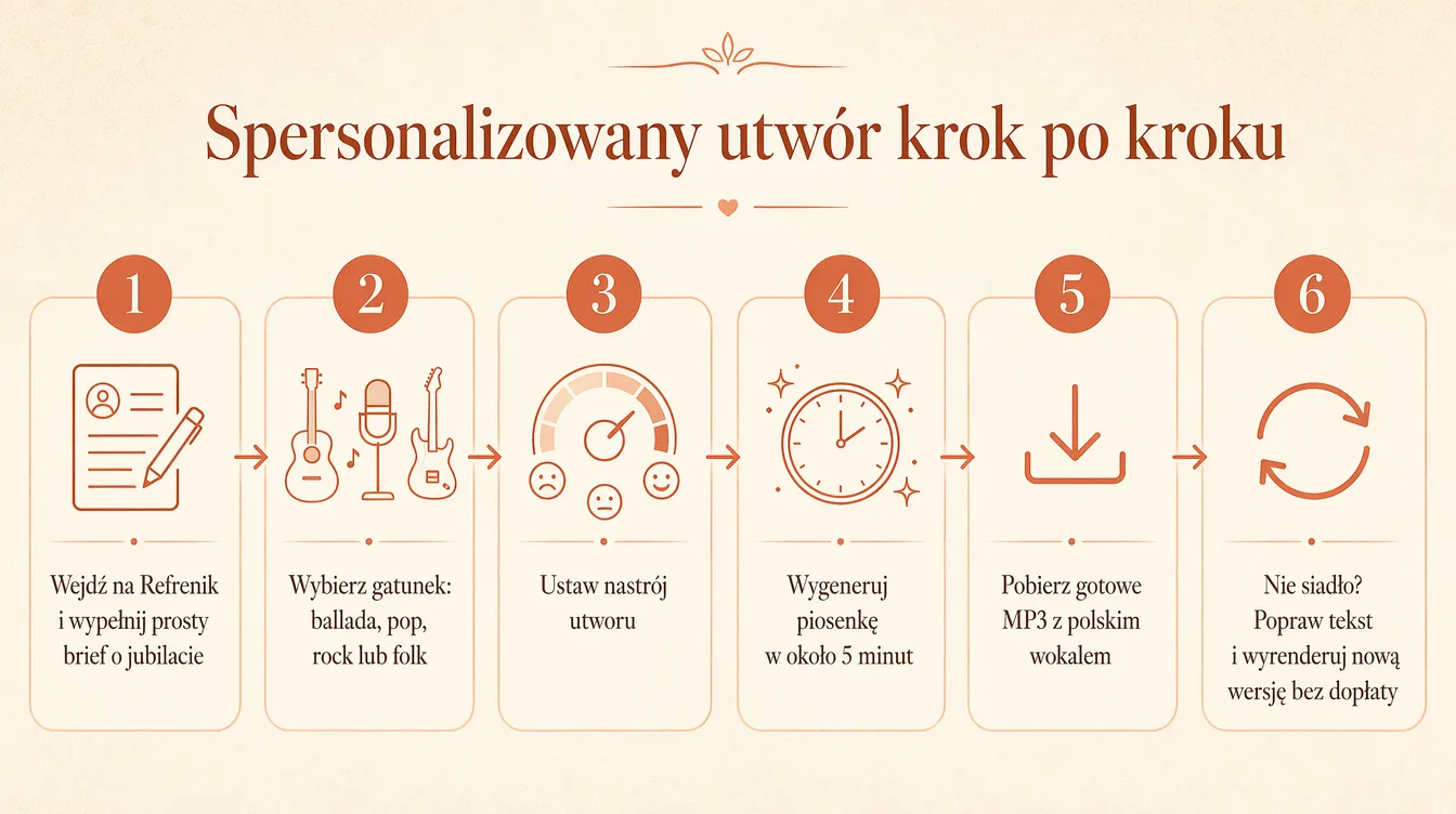 Diagram procesu tworzenia spersonalizowanej piosenki urodzinowej na Refrenik w sześciu krokach