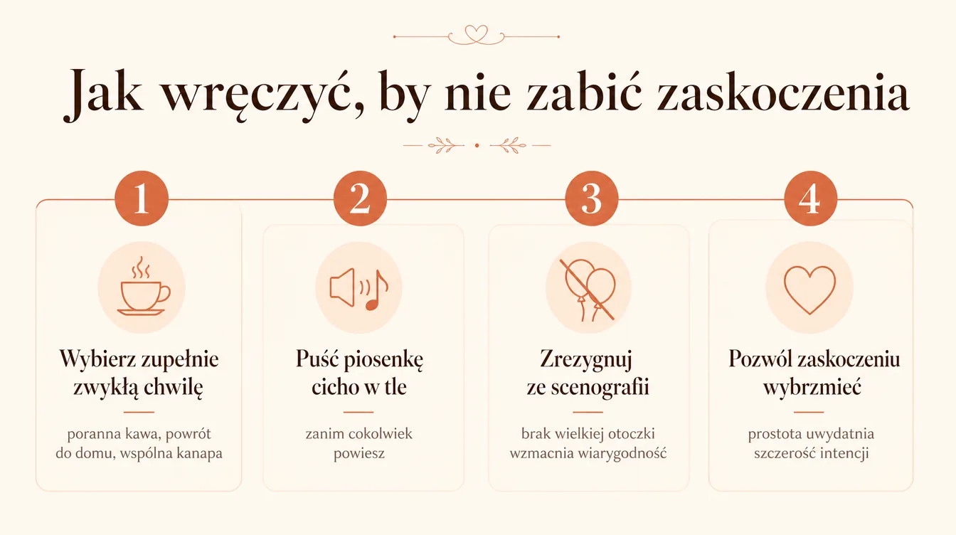 Proces wręczania prezentu bez okazji w czterech krokach: zwykła chwila, cicha piosenka w tle, brak scenografii, naturalne zaskoczenie