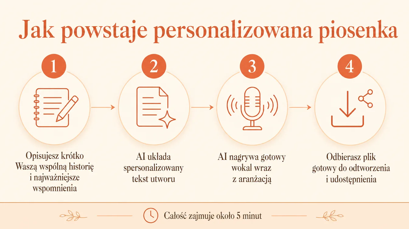 Infografika: jak w kilka minut powstaje personalizowana piosenka na 50. urodziny — od opisania historii po gotowe nagranie.