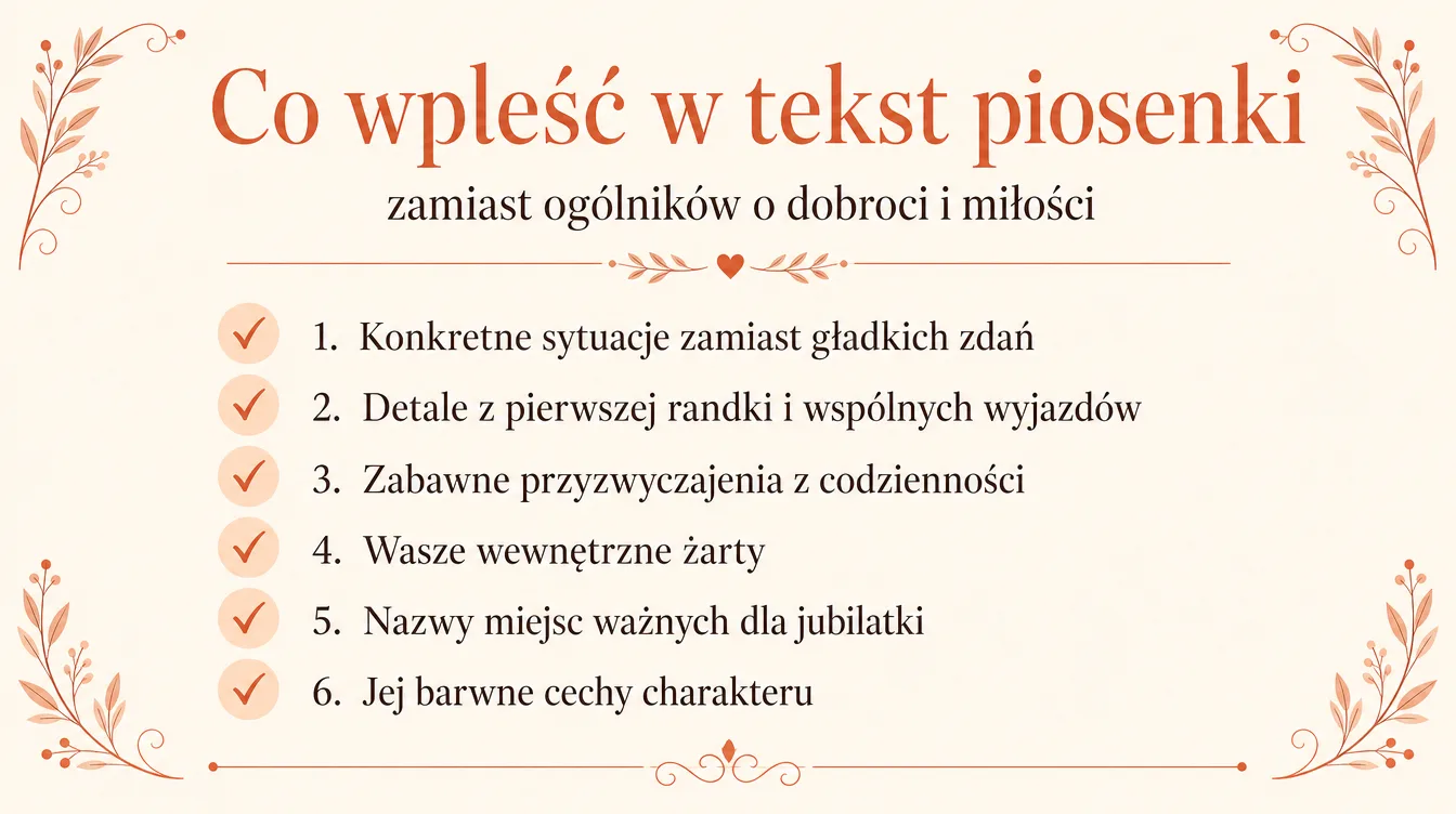 Checklista wspomnień do personalizowanej piosenki na 50. urodziny kobiety: konkretne sytuacje, wewnętrzne żarty, ważne miejsca i cechy charakteru.
