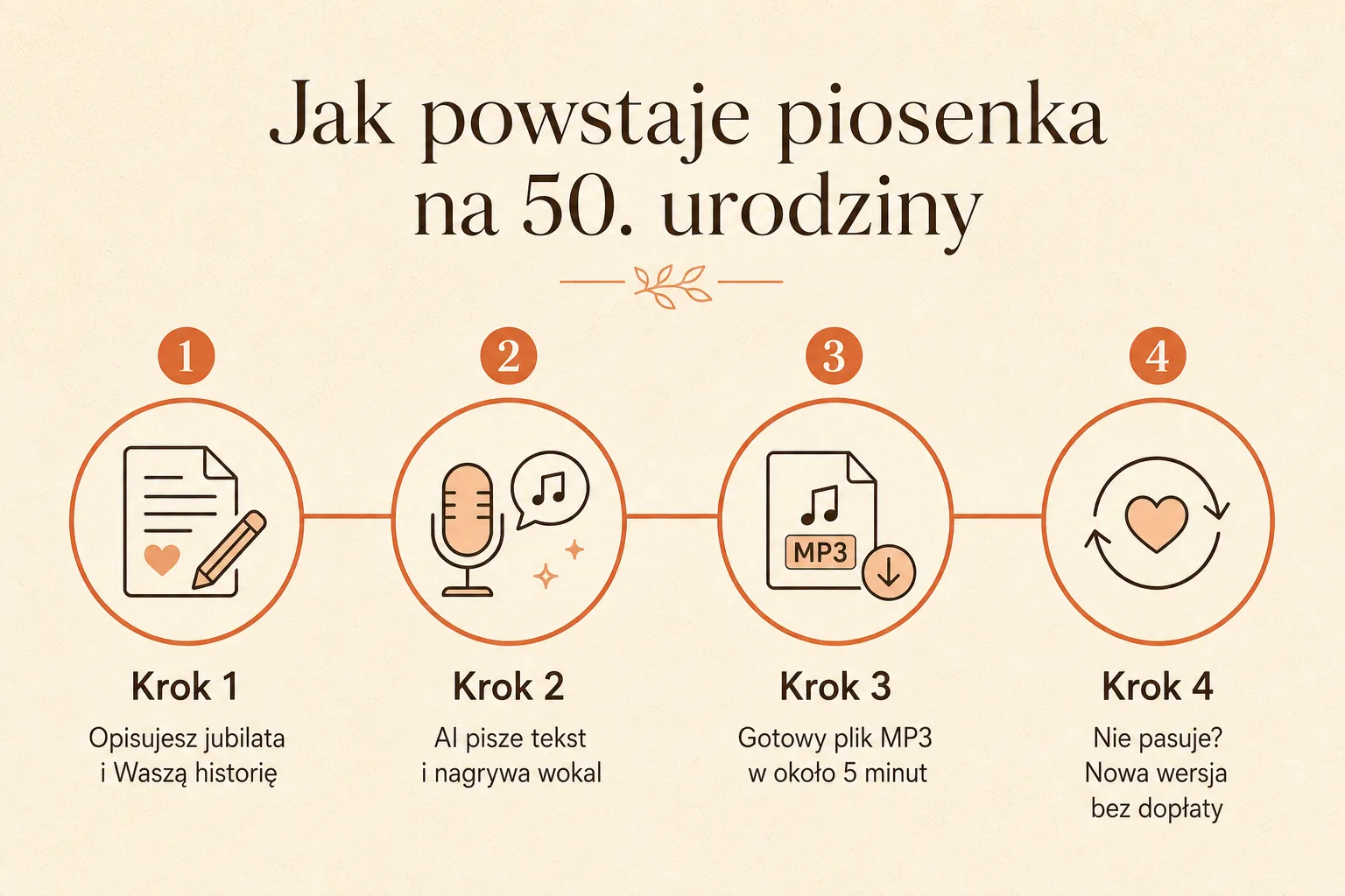 Infografika „Jak powstaje piosenka na 50. urodziny” w czterech krokach: 1. opisujesz jubilata i Waszą historię, 2. AI pisze tekst i nagrywa wokal, 3. gotowy plik MP3 w około 5 minut, 4. nie pasuje? nowa wersja bez dopłaty