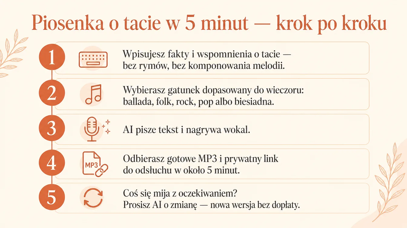 Infografika: proces tworzenia personalizowanej piosenki dla taty w pięciu krokach — od wpisania wspomnień po gotowe MP3