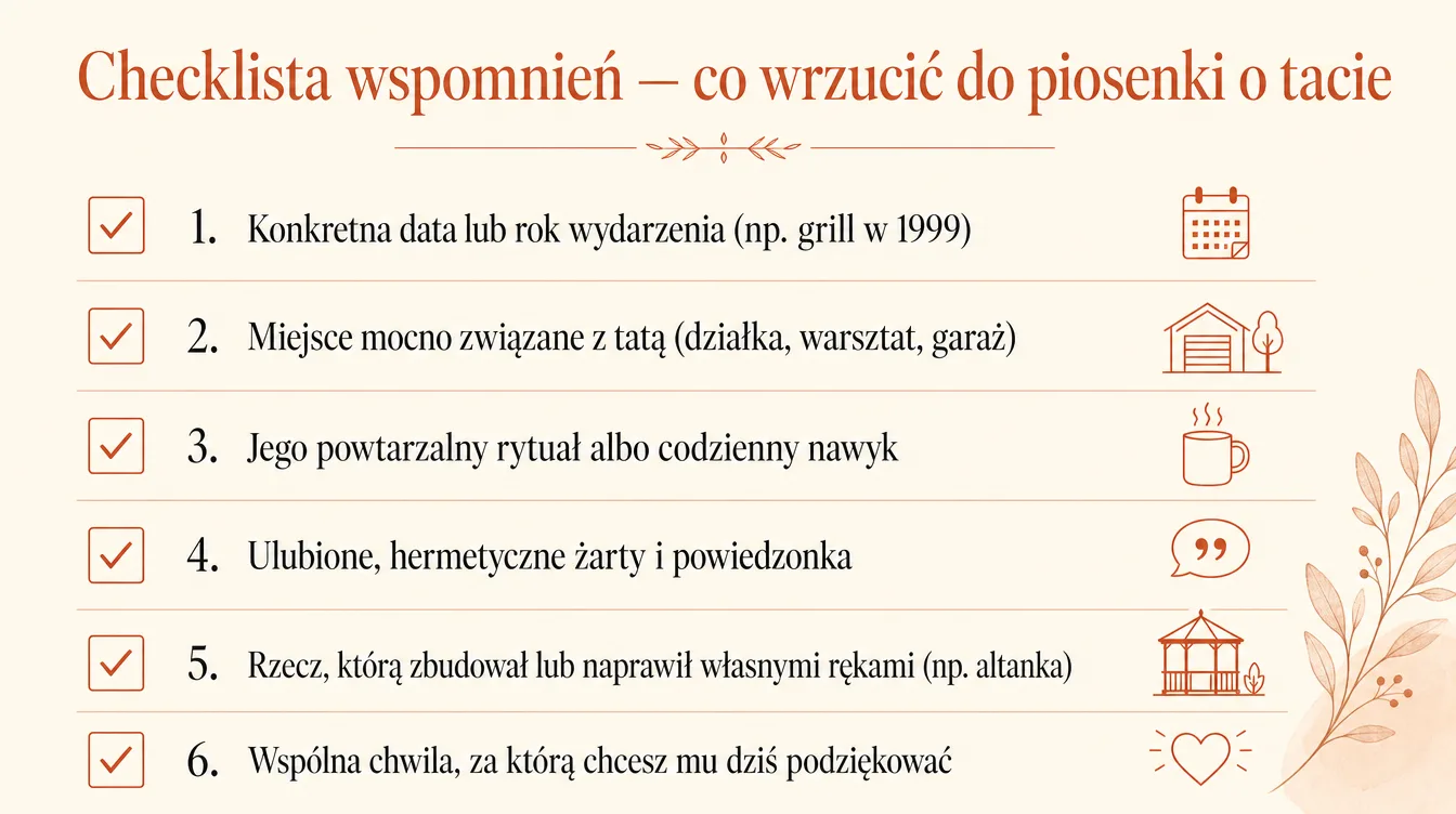 Infografika: checklista wspomnień o tacie — kategorie anegdot i szczegółów do umieszczenia w tekście piosenki