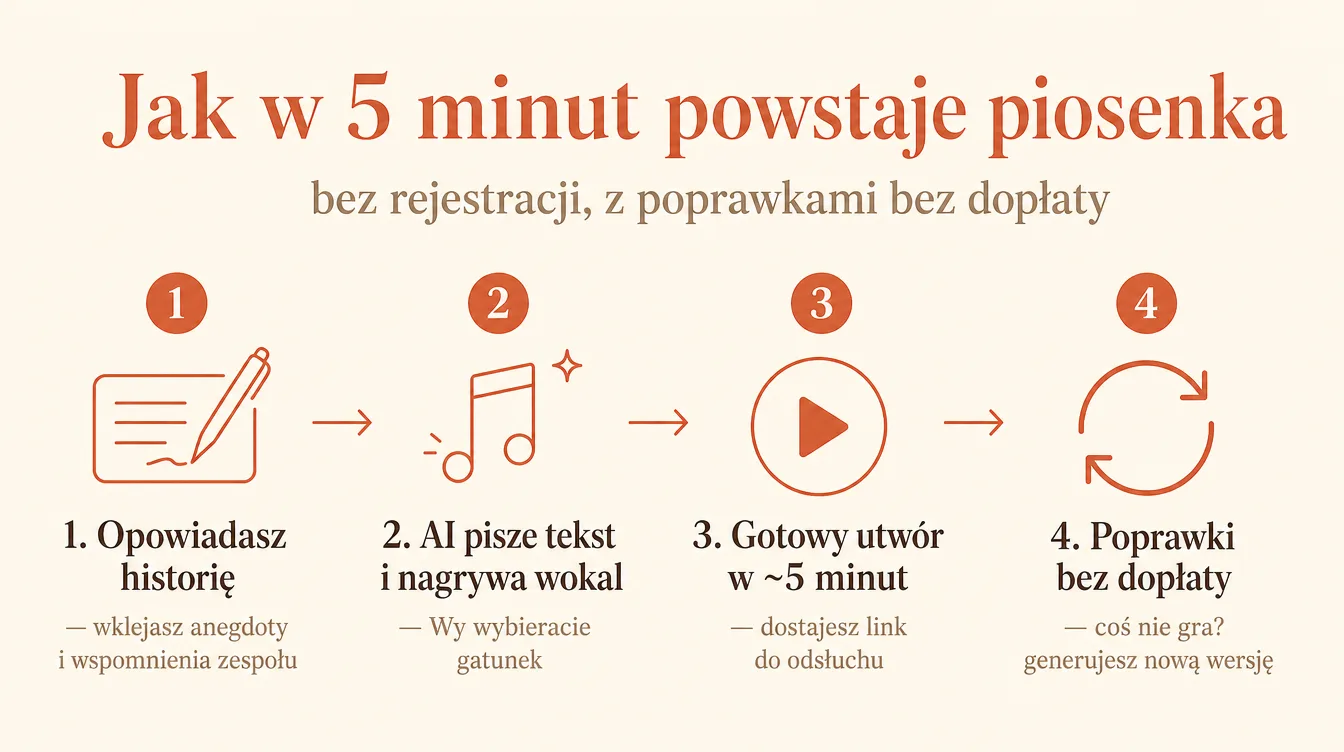 Cztery kroki tworzenia personalizowanej piosenki: 1. opowiadasz historię, 2. AI pisze tekst i nagrywa wokal, 3. gotowy utwór w około 5 minut, 4. poprawki bez dopłaty