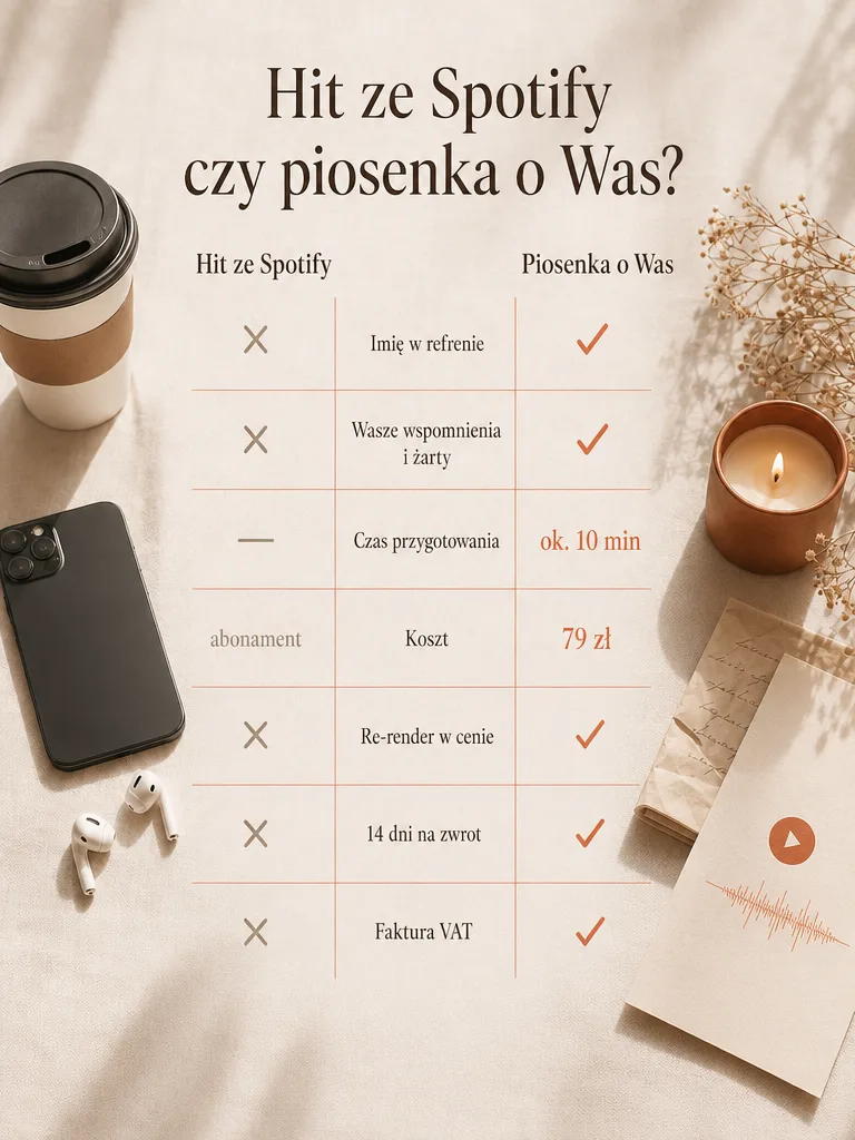 Porównanie: hit ze Spotify kontra personalizowana piosenka o Was. Tylko utwór z Refrenik ma imię w refrenie, Wasze wspomnienia i żarty, powstaje w około 10 minut za 79 zł, z re-renderem w cenie, 14 dniami na zwrot i fakturą VAT.