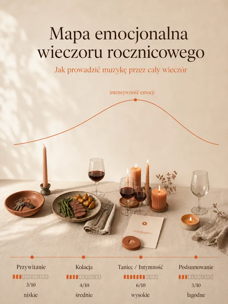Mapa emocjonalna wieczoru rocznicowego z czterema strefami muzycznymi: Przywitanie (głośność 3/10, niskie natężenie), Kolacja (4/10, średnie), Taniec i Intymność (6/10, wysokie) oraz Podsumowanie (3/10, łagodne, refleksyjne).